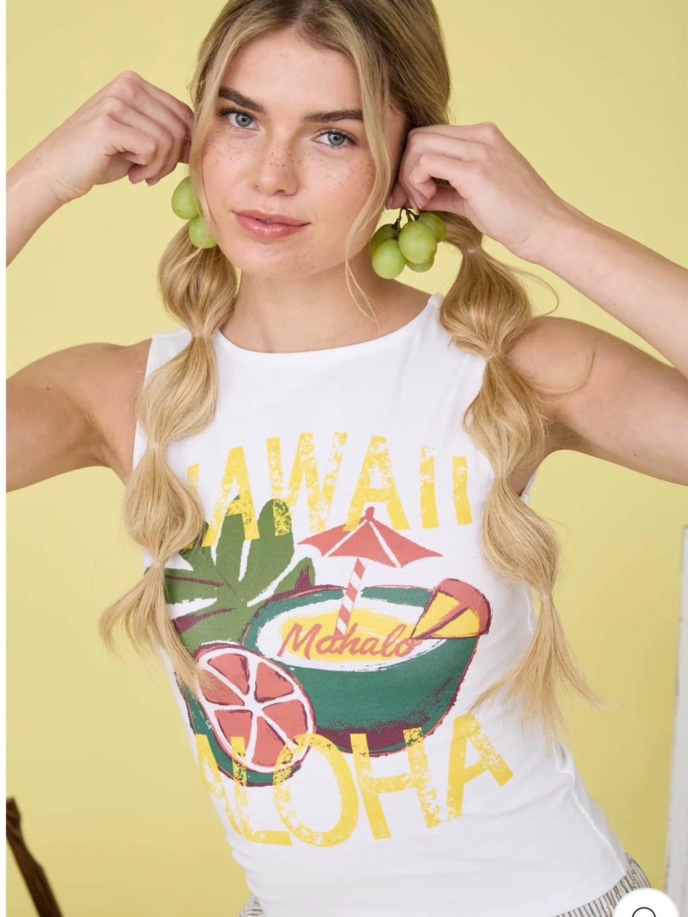 J.O.A. White Tank Top with Yellow & Green Hawaii Graphic
